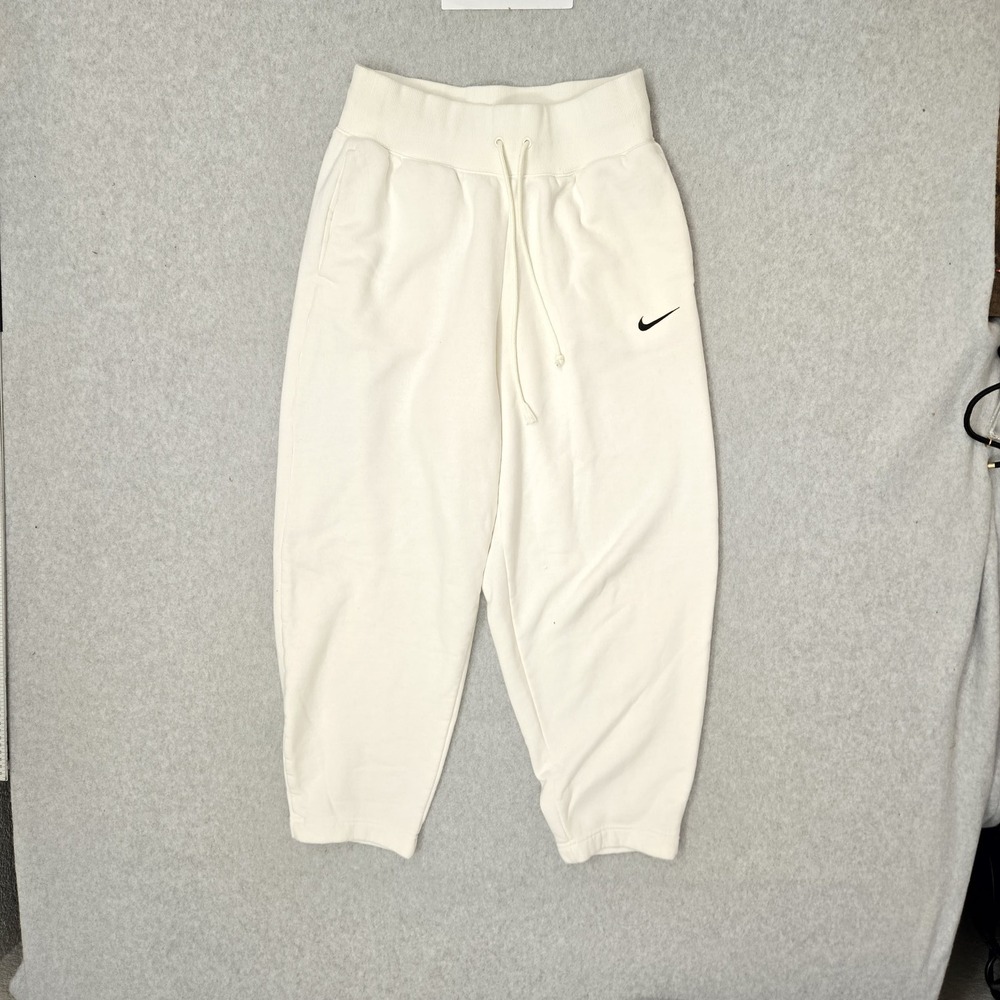 Nike Women Pants M‎ Cream Sportswear Phoenix Fleece Jogger Logo 25" Inseam
